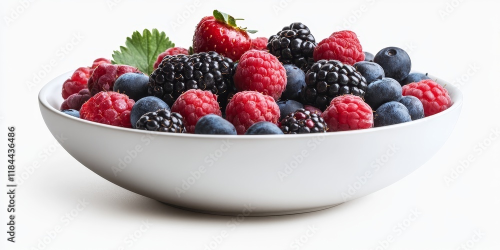 Bowl featuring fresh berries displayed in isolation against a white background, showcasing the vibrant colors and textures of the fresh berries in a clean, minimalist setting. Bowl featuring fresh berries displayed in isolation against a white background, showcasing the vibrant colors and textures of the fresh berries in a clean, minimalist setting.