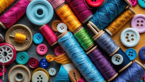 Colorful sewing threads and buttons on textured background
