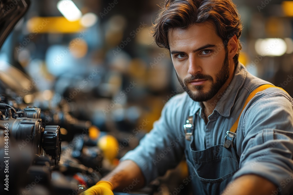 Car mechanic in overalls skillfully working on engine components in a busy workshop Car mechanic in overalls skillfully working on engine components in a busy workshop