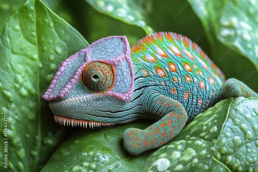 Obraz premium Chameleon blends with green leaves while changing color in its natural habitat