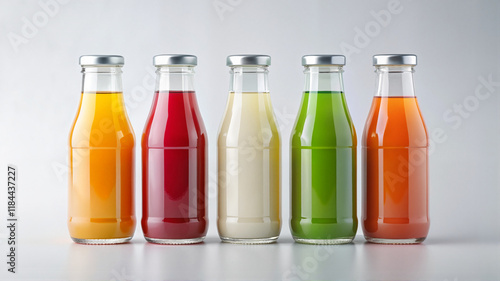 Wallpaper Mural Assorted glass juice bottles on white table Torontodigital.ca