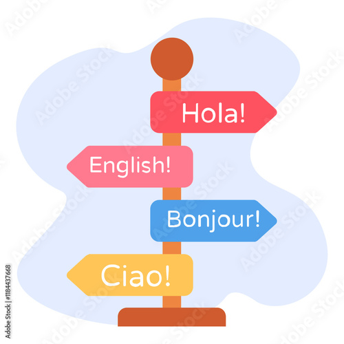 Different Language Signage with Pole concept, Hola ciao text vector icon design, International Day of Language symbol, Linguistic diversity sign, Bilingualism Polyglot stock illustration