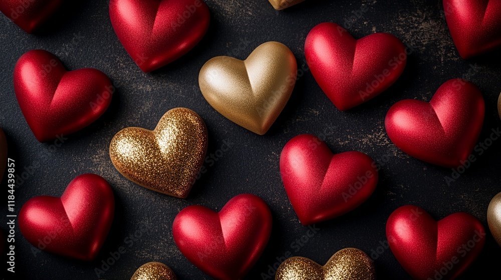 Fototapeta premium Red and Gold Heart-Shaped Chocolates on Dark Background