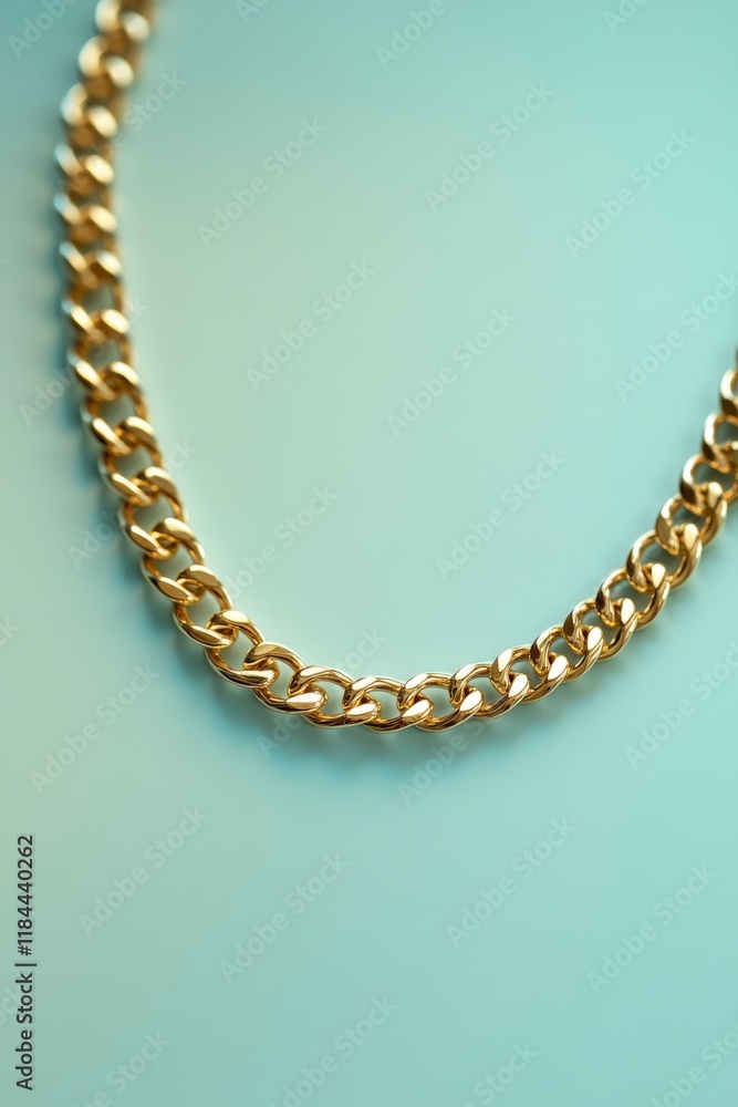 A golden chain necklace artfully displays its links against a soft, light blue backdrop A golden chain necklace artfully displays its links against a soft, light blue backdrop