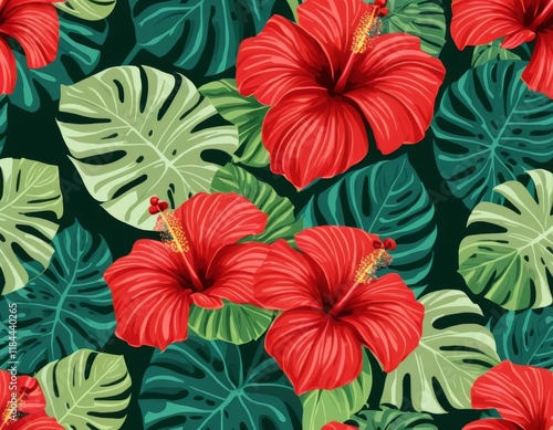 Vibrant Tropical Hibiscus and Monstera Leaves Seamless Pattern: Lush Red Flowers and Green Foliage Repeat Background
