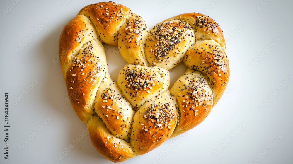 Heart-shaped bread, golden-brown crust, topped with seeds. Heart-shaped bread, golden-brown crust, topped with seeds.