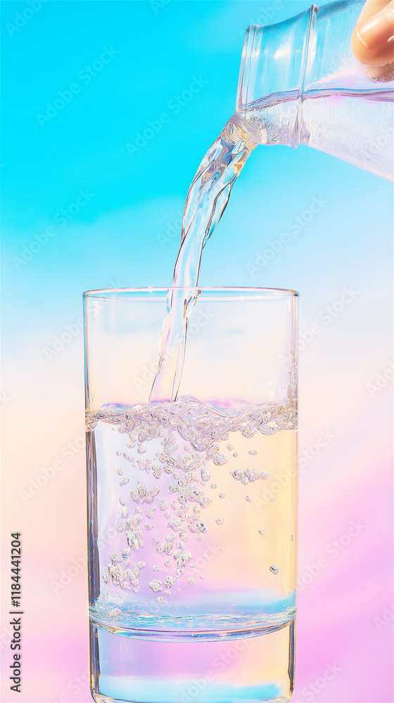 A refreshing glass of water being poured on a vibrant pastel gradient background, representing hydration and health. Perfect for wellness and lifestyle themes. A refreshing glass of water being poured on a vibrant pastel gradient background, representing hydration and health. Perfect for wellness and lifestyle themes.