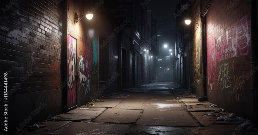 Fototapeta premium Dark alleyway with flickering streetlights and graffiti, dark, urban decay, gritty