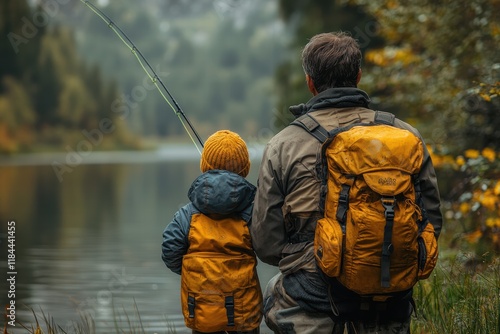 Father and son enjoy a peaceful fishing trip by the lake in the autumn photo