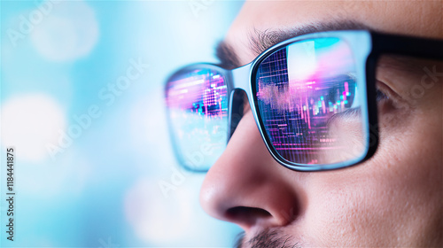 Wallpaper Mural A man wearing glasses reflecting a cityscape in neon lights, symbolizing technology and urban lifestyle at night. Perfect for innovation themes and futuristic concepts. Torontodigital.ca