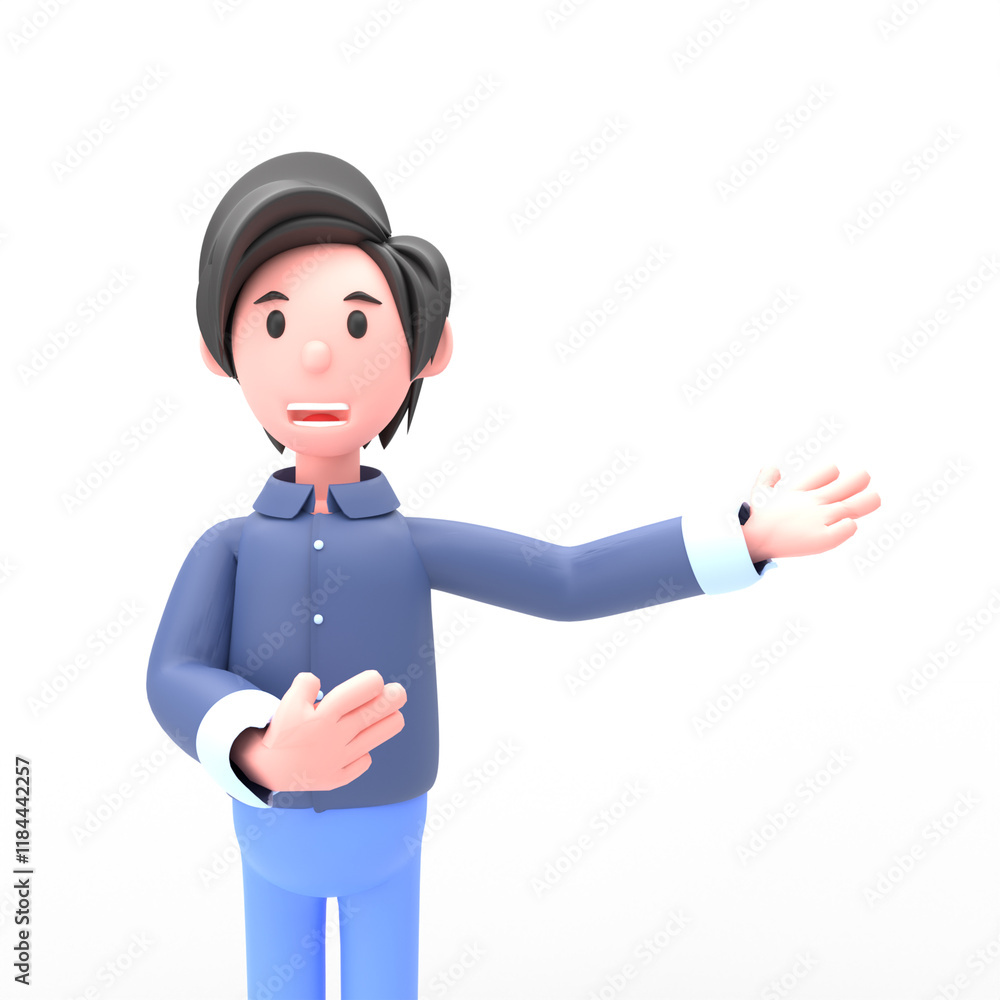 3D illustration of man giving a presentation. Portrait of cartoon smiling elegant businessman in blue suit giving a presentation, isolated on white background. 3D illustration of man giving a presentation. Portrait of cartoon smiling elegant businessman in blue suit giving a presentation, isolated on white background.