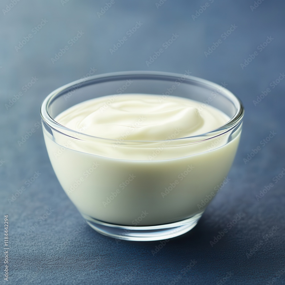 Healthy Plain Yogurt in Glass Dish Against Soft Blue Background Healthy Plain Yogurt in Glass Dish Against Soft Blue Background