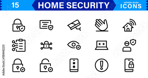 Home Security Icon Set - Creative, Minimalist Designs for Smart Locks, CCTV, Alarm Monitoring, Safety Apps, and Residential Security
