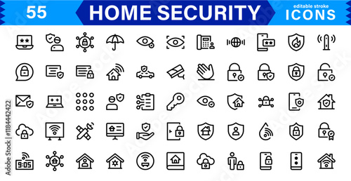 Home Security Icon Set - Creative, Minimalist Designs for Smart Locks, CCTV, Alarm Monitoring, Safety Apps, and Residential Security