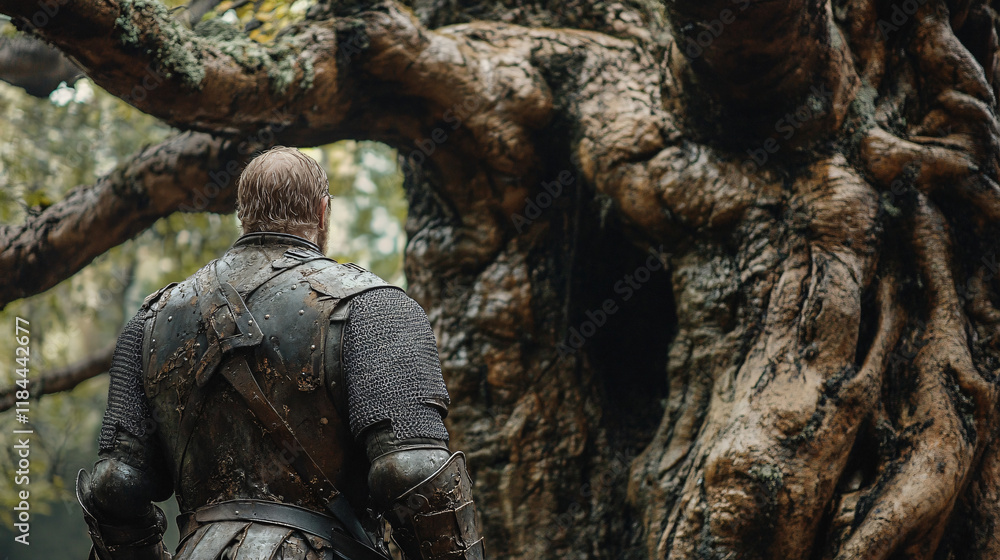 A knight stands in front of an ancient tree, its gnarled roots twisting into the earth. His hand rests on the hilt of his sword, but his eyes are focused on the tree, contemplating the passage of time A knight stands in front of an ancient tree, its gnarled roots twisting into the earth. His hand rests on the hilt of his sword, but his eyes are focused on the tree, contemplating the passage of time