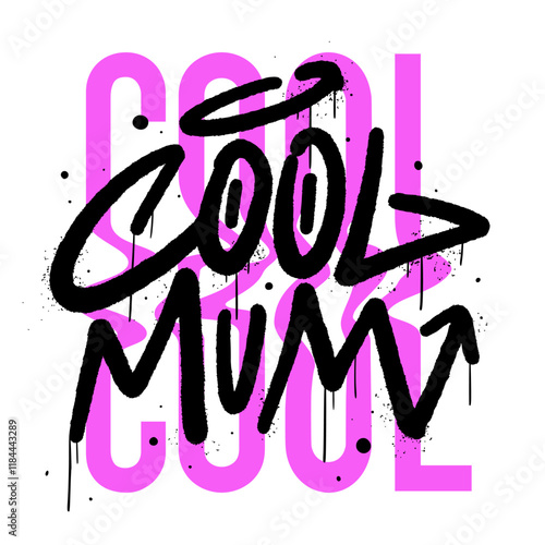 Retro urban street art style. Textured graffiti tagging slogan of Cool mom. Groovy psechedelic greeting card of Mother's day for new generation. Every layers are isolated vector on white background.