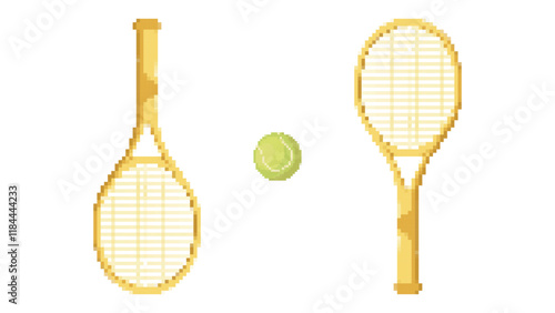 Pixel tennis rackets with ball. Design elements isolated on white background.Game development, mobile app.8-bit sprite.