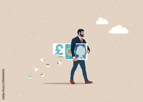 Businessman holding big pound sterling banknote money while loss, crumble and reduce in value. Lose money  investment in financial crisis, profit and loss in business or deflation and inflation