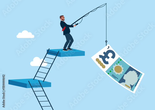 Businessman catching pound sterling bill on fishing rod. Pound sterling price soaring sky high hit new high record concept. British money. Currency. Flat vector illustration