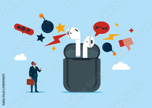 From wireless headphones shouting with negative feedback from remote work. Personal listening to podcasts. Tiny businessman with wireless headphones with a charging case. Flat vector illustration
