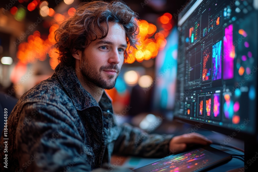 Obraz premium Creative graphic designer working at a desk with digital graphics in a vibrant environment