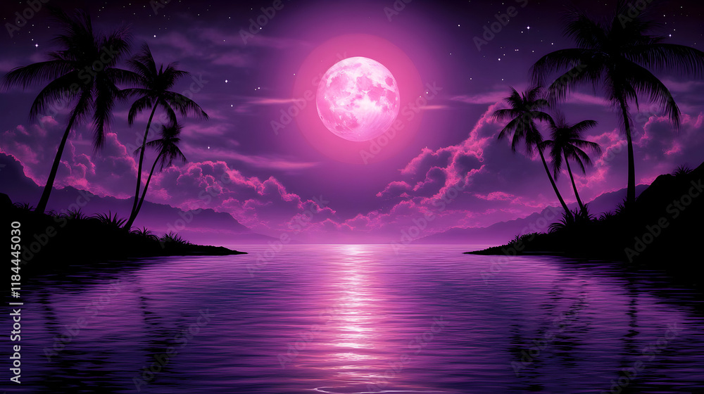 Naklejka premium Purple Moon Tropical Night Illustration