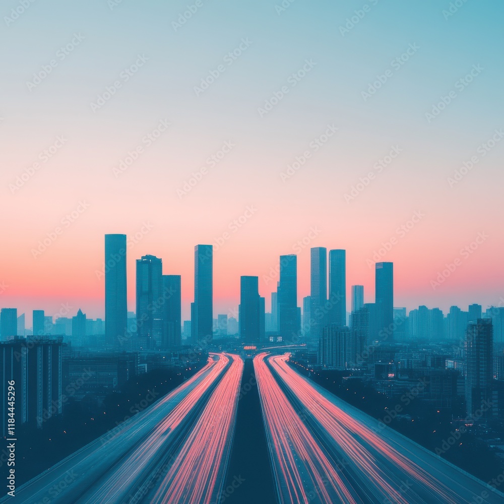 Urban Skyscrapers Overlooking Rural Roads with Sunset Light Urban Skyscrapers Overlooking Rural Roads with Sunset Light