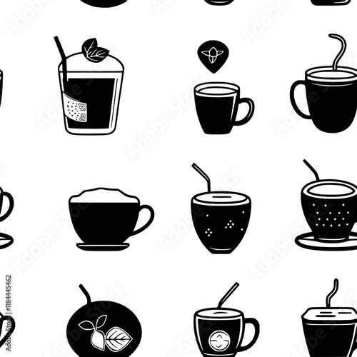 Collection of Chai tea icons, Chai tea vectorized seamless pattern