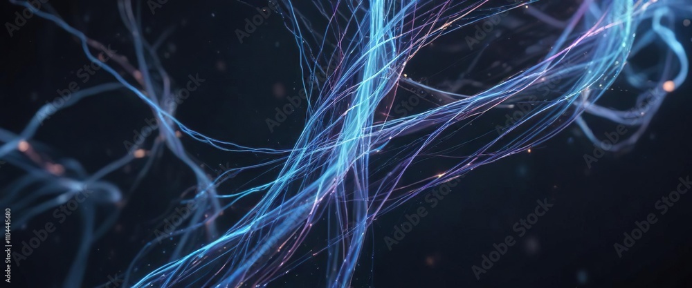 Abstract liquid flow on blue background with glowing fibers and luminescent threads, blue background, glowing droplets Abstract liquid flow on blue background with glowing fibers and luminescent threads, blue background, glowing droplets
