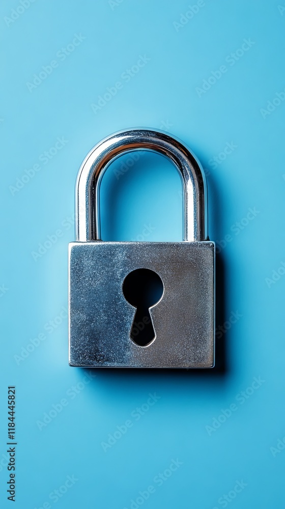 Shiny silver lock with keyhole on blue background Shiny silver lock with keyhole on blue background