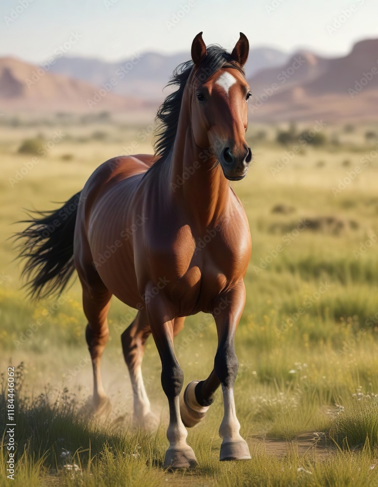 Fototapeta premium Arabian horse running free in an open grassland, freedom, dynamic pose,