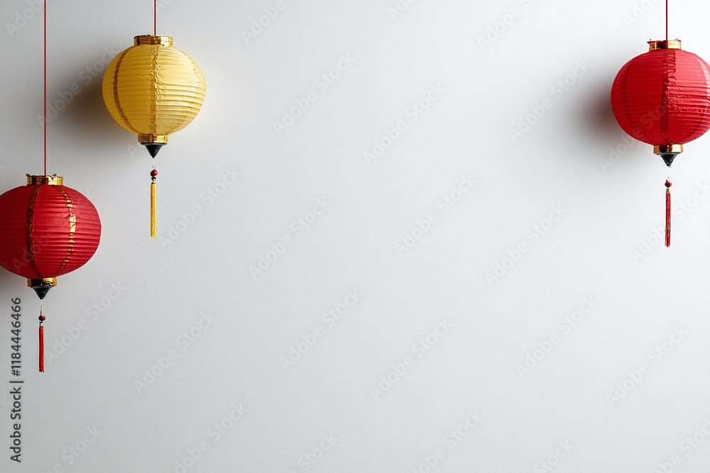 Obraz premium Colorful lanterns in red and yellow hanging against clean white background create festive atmosphere. Perfect for celebrations and cultural events