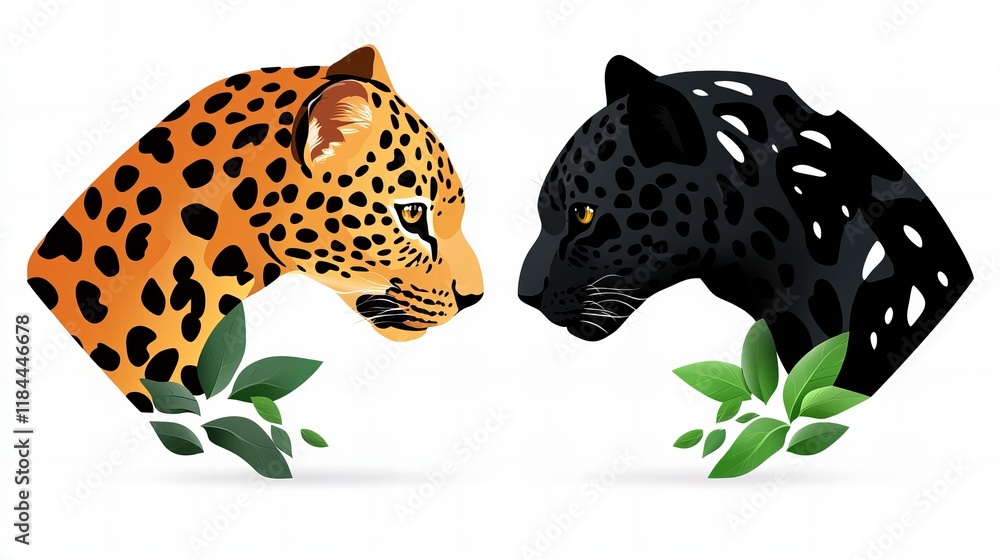 Majestic leopards facing each other, set against a white background. A beautiful illustration of wildlife. Majestic leopards facing each other, set against a white background. A beautiful illustration of wildlife.
