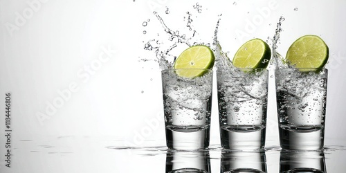 Glasses shot of tequila making toast with splashon white background photo