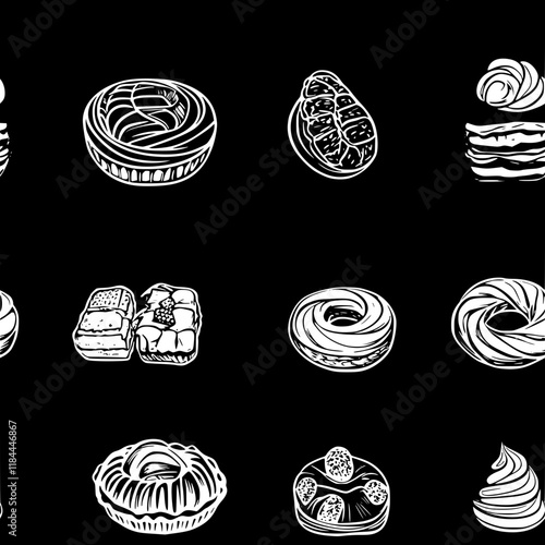Collection of Danish pastry continuous icon pattern, Danish pastry vectorized artwork