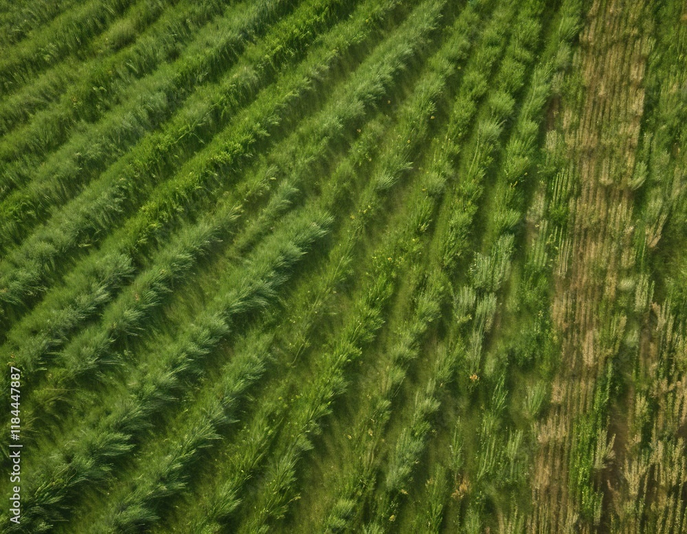 Overhead view of a wheat field with green hills, aerial view, rural scenery