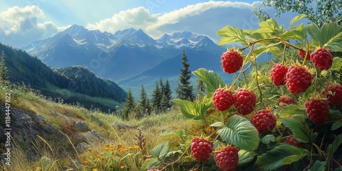 Wild raspberries thrive in mountainous areas, showcasing their vibrant color and natural beauty. These wild raspberries grow in abundance, adding a delicious touch to the scenic landscape.