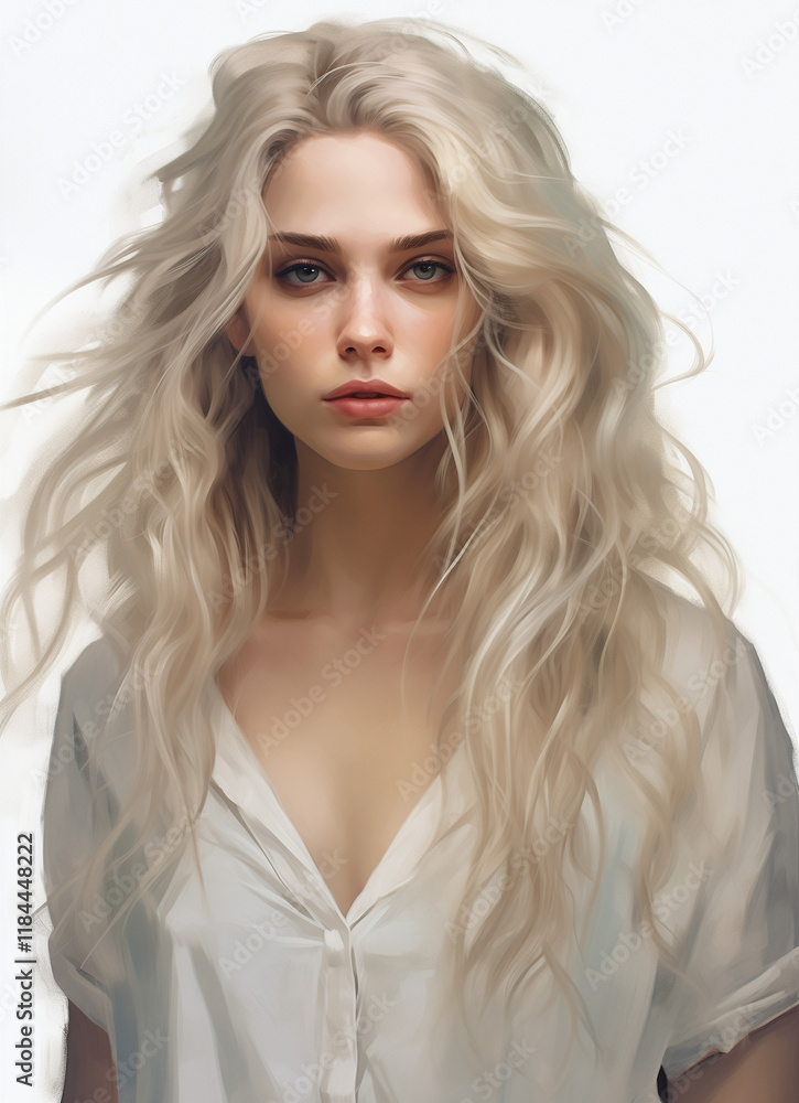 Naklejka premium A serene portrait of a young woman with flowing blonde hair and piercing green eyes, bathed in warm light, her white blouse and minimalist background embodying natural elegance and freedom.