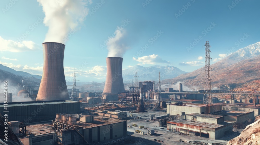 Industrial power generation mountain region aerial view modern infrastructure energy production environmental impact Industrial power generation mountain region aerial view modern infrastructure energy production environmental impact