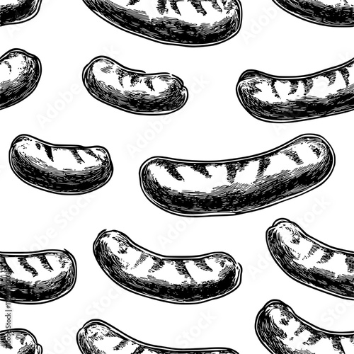 Grilled sausages tiled design, Grilled sausages repeating background illustration