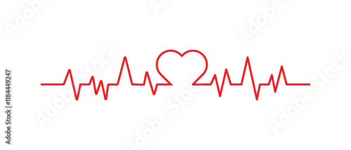 Red heartbeat line icon on white background. One line heart and pulse rate wave vector.  Medical logo template. Vector illustration.
