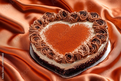 A heart-shaped cake with a dusting of cocoa powder and chocolate curls, on a copper-colored silk fabric. photo