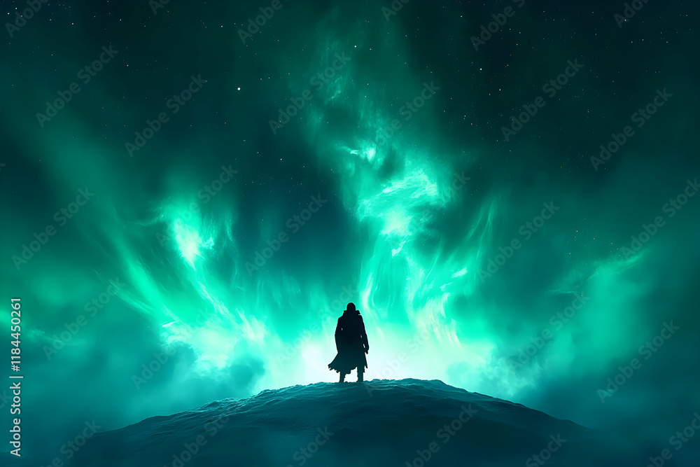 Fototapeta premium Solitary figure silhouetted against a breathtaking, vibrant aurora borealis, showcasing the majesty of nature's light display.