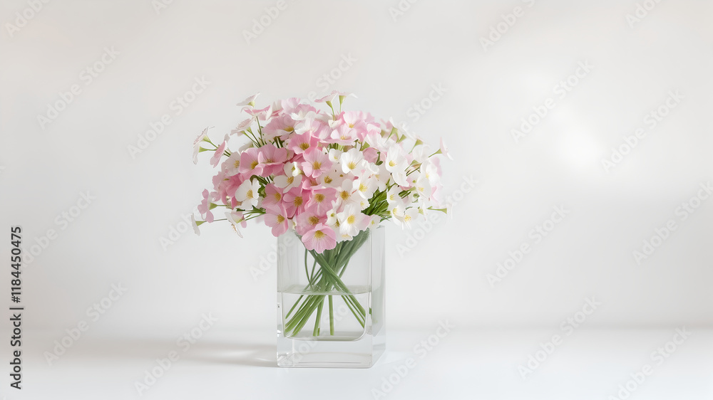 light gray soft background with transparent vase with flowers light gray soft background with transparent vase with flowers