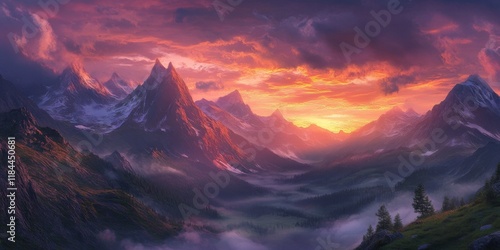 Majestic sunset landscape featuring towering mountain peaks and a misty valley beneath a stunningly colorful evening sky. This captivating sunset landscape captures the beauty of nature.
