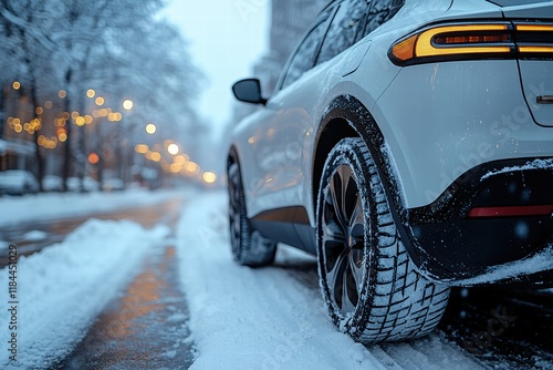 Fototapeta Naklejka Na Ścianę i Meble -  Modern electric car with winter tires navigates a snowy city street during evening hours