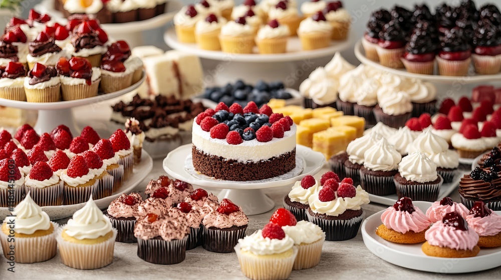 Delightful Display of Colorful Cupcakes and Cakes on a Rustic Table Evoking Joy and Celebration Vibes Delightful Display of Colorful Cupcakes and Cakes on a Rustic Table Evoking Joy and Celebration Vibes