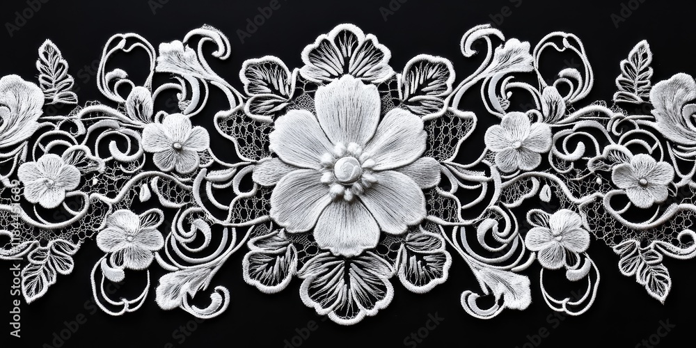 Ornate decorative lace featuring an intricate pattern, set against a striking black background, highlights the elegance of decorative lace and its artistic potential in design. Ornate decorative lace featuring an intricate pattern, set against a striking black background, highlights the elegance of decorative lace and its artistic potential in design.