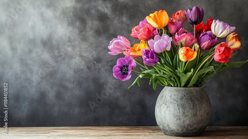 Wallpaper Mural Vibrant Bouquet of Colorful Tulips in a Stylish Vase on a Wooden Table Creating a Bright Atmosphere Torontodigital.ca