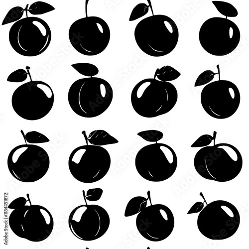 Collection of Plum icons, Plum illustration art, seamless pattern